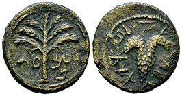Iudaea, Bar Kochba revolt AE20 

Iudaea, Bar Kochba revolt (132-135 AD). AE20 (6.73 g).
 Obv. "For the freedom of Jerusalem", grape leaf.
 Rev. "S...