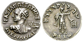Menander I AR Drachm, c. 166-130 BC 

Kings of Bactria. Menander I (c. 166/55-130 BC). AR Drachm (16 mm, 2.48 g).
Obv. ΒΑΣΙΛΕΩΣ ΣΩΤΗΡΟΣ / ΜΕΝΑΝΔΡΟY...