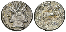 Anonymous AR Quadrigatus, c. 225-214 BC 

Anonymous. AR Quadrigatus (19-20 mm, 6.77 g), Rome, c. 225-214.
Obv. Laureate Janiform head of Dioscuri....