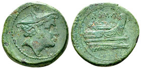 Anonymous AE Semuncia, c. 217-215 BC 

Anonymous. AE Semuncia (20 mm, 5.68 g), Rome, c. 217-215 BC.
Obv. Head of Mercury to right, wearing winged p...