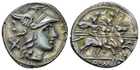 Anonymous AR Denarius, 169-158 BC 

Anonymous. AR Denarius (19 mm, 3.25 g), Rome, 169-158 BC.
Obv. Helmeted head of Roma to right; behind, X.
Rev....