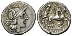 C. Juventius Thalna AR Denarius, 154 BC 

C. Juventius Thalna. AR Denarius (19 mm, 3.98 g), Rome, 154.
Obv. Head of Roma to right, wearing winged h...
