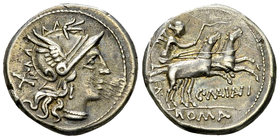 C. Maianius AR Denarius, 153 BC 

C. Maianius. AR&nbsp; Denarius (18 mm, 3.66 g), Rome, 153 BC.
Obv. Helmeted head of Roma to right; behind, X.
Re...