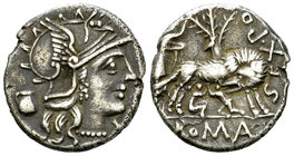 Sex. Pompeius AR Denarius, 137 BC 

Sex. Pompeius. AR Denarius (19-20 mm, 3.91 g), Rome, 137 BC.
Obv. Helmeted head of Roma to right; below chin, X...