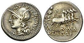 M. Baebius Q.f. Tampilus AR Denarius, 137 BC 

M. Baebius Q.f. Tampilus. AR Denarius (19-20 mm, 3.84 g), Rome, 137 BC.
Obv. Helmeted head of Roma t...