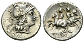 C. Serveilius M. f. AR Denarius, 136 BC 

C. Serveilius M. f. AR Denarius (18-19 mm, 3.90 g), Rome, 136 BC.
Obv. Helmeted head of Roma to right; be...