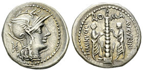 Ti. Minucius c.f. Augurinus AR Denarius, 134 BC 

Ti. Minucius c. f. Augurinus. AR Denarius (20-21 mm, 3.90 g), Rome, 134 BC.
Obv. Helmeted head of...