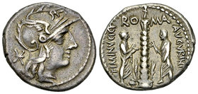 Ti. Minucius c.f. Augurinus AR Denarius, 134 BC 

Ti. Minucius c. f. Augurinus. AR Denarius (18-20 mm, 3.90 g), Rome, 134 BC.
Obv. Helmeted head of...