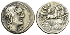 L. Postumius Albinus AR Denarius, 131 BC 

L. Postumius Albinus. AR Denarius (19-20 mm, 3.84 g), Rome, 131 BC.
Obv. Helmeted head of Roma to right;...