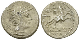 Q. Philippus AR Denarius, 129 BC 

Q. Philippus. AR Denarius (18 mm, 3.81 g), Rome, 129 BC.
Obv. Helmeted head of Roma right; X to left.
Rev. Mace...