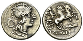 T. Cloelius AR Denarius, 129 BC 

T. Cloelius. AR Denarius (20 mm, 3.89 g), Rome, 129 BC.
Obv. Helmeted of Roma to right; behind, wreath and below,...