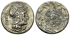 M. Caecilius Q.f. Q.n. Metellus AR Denarius, 127 BC 

M. Caecilius Q.f. Q.n. Metellus. AR Denarius (18 mm, 3.68 g), Rome, 127 BC.
Obv. Helmeted hea...