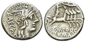 M. Porcius Laeca AR Denarius, 125 BC 

M. Porcius Laeca. AR Denarius (17-18 mm, 3.82 g), Rome, 125 BC.
Obv. Helmeted head of Roma to right; behind,...