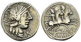 Q. Minucius Rufus AR Denarius, 122 BC 

Q. Minucius Rufus. AR Denarius (19 mm, 3.88 g), Rome, 122 BC.
Obv. Helmeted head of Roma to right; behind, ...