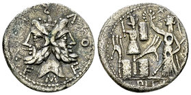 M. Furius L.f. Philus AR Denarius, 121 BC 

M. Furius L.f. Philus. AR Denarius (19 mm, 3.49 g), Rome, 121 BC.
Obv. M·FOVRI·L·F, Laureate head of Ja...