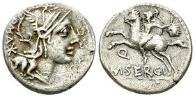 M. Sergius Silus AR Denarius, 116 or 115 BC 

M. Sergius Silus. AR Denarius (18-19 mm, 3.72 g), Rome, 116 or 115 BC.
Obv. Helmeted head of Roma to ...