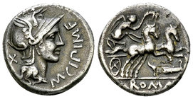 M. Cipius M.f. AR Denarius, 115 or 114 BC 

M. Cipius M.f. AR Denarius (17 mm, 3.79 g), Rome, 115 or 114 BC.
Obv. M·CIPI·M·F, Helmeted head of Roma...
