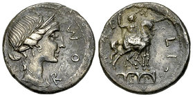 Man. Aemilius Lepidus AR Denarius, 114 or 113 BC 

Man. Aemilius Lepidus. AR Denarius (19 mm, 3.56 g), Rome, 114 or 113 BC.
Obv. ROMA (MA ligate), ...