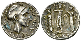 Cn. Blasio Cn. f. Fourré Denarius, 112 or 111 BC 

Cn. Blasio Cn. f. Fourré Denarius (19 mm, 3.33 g), 112 or 111 (or later).
Obv. Helmeted head of ...