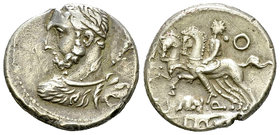 T. Quinctius AR Denarius, 112 or 111 BC 

T. Quinctius. AR Denarius (17-18 mm, 3.78 g), Rome, 112 or 111 BC.
Obv. Bust of Hercules seem from behind...