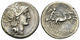 C. Claudius Pulcher AR Denarius, 110 or 109 BC 

C. Claudius Pulcher. AR Denarius (18 mm, 3.74 g), Rome, 110 or 109 BC.
Obv. Helmeted head of Roma ...