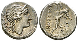 M. Herennius AR Denarius, 108 or 107 BC 

M. Herennius. AR Denarius (17-18 mm, 4.04 g), Rome, 108 or 107 BC.
Obv. PIETAS (partially ligate), Diadem...
