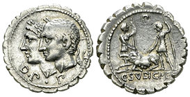 C. Sulpicius C.f. Galba AR Denarius, 106 BC 

C. Sulpicius C.f. Galba. AR Denarius serratus (19 mm, 3.86 g), Rome, 106 BC.
Obv. D·P·P , Jugate, lau...