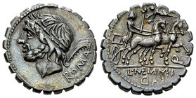 L. Memmius Galeria AR Denarius, 106 BC 

L. Memmius Galeria. AR Denarius serratus (18-19 mm, 4.03 g), Rome, 106 BC.
Obv. Head of Saturn to left; be...