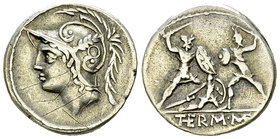 Q. Minucius Thermus M.f. AR Denarius, c. 103 BC 

Q. Minucius Thermus M.f. AR Denarius (19 mm, 3.76 g), Rome, c. 103 BC.
Obv. Helmeted head of Mars...