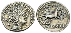 M. Lucilius Rufus AR Denarius, 101 BC 

M. Lucilius Rufus. AR Denarius (18-20 mm, 3.88 g), Rome, 101 BC.
Obv. Helmeted head of Roma to right; behin...