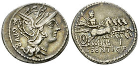 L. Sentius C. f. AR Denarius, 101 BC 

L. Sentius C. f. AR Denarius (20-22 mm, 3.83 g), Rome, 101 BC.
Obv. Helmeted head of Roma to right; behind, ...