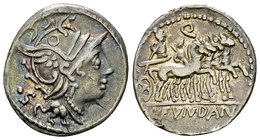 C. Fvndanius Q. AR Denarius, 101 BC 

C. Fvndanius Q. AR Denarius (17-19 mm, 3.79 g), Rome, 101 BC.
Obv. Helmeted head of Roma to right; behind, ·S...