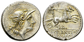 D. Iunius Silanus L.f. AR Denarius, 91 BC 

D. Iunius Silanus L.f. AR&nbsp; Denarius (18-19 mm, 4.05 g), Rome, 91 BC.
Obv. Helmeted head of Roma to...