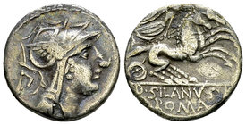 D. Iunius Silanus L.f. AR Denarius, 91 BC 

D. Iunius Silanus L.f. AR&nbsp; Denarius (17 mm, 3.61 g), Rome, 91 BC.
Obv. Helmeted head of Roma to ri...