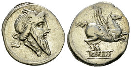 Q. Titius AR Denarius, 90 BC 

Q. Titius. AR Denarius (18-19 mm, 3.65 g), Rome, 90 BC.
Obv. Head of Mutinus Titinus to right, wearing winged diadem...