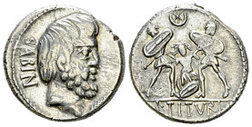 L. Tituri L. f. Sabinus AR Denarius, 89 BC 

L. Tituri L. f. Sabinus. AR Denarius (18 mm, 3.96 g), Rome, 89 BC.
Obv. SABIN, Head of King Tatius to ...