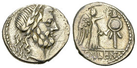Cn. Lentulus Clodianus AR Quinarius, 88 BC 

Cn. Lentulus Clodianus. AR Quinarius (14-16 mm, 2.08 g), Rome, 88 BC.
Obv. Laureate head of Jupiter to...