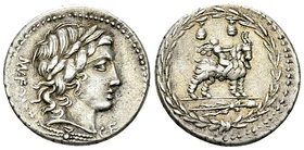 Mn. Fonteius AR Denarius, 85 BC 

Mn. Fonteius. AR Denarius (18-20 mm, 3.88 g), Rome, 85 BC.
Obv. MN·FONTEI C·F, Laureate head of Apollo to right; ...