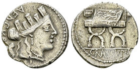 P. Fourius Crassipes AR Denarius, 84 BC 

P. Fourius Crassipes. AR Denarius (19 mm, 3.97 g), Rome, 84 BC.
Obv. AED·CVR, Turreted head of Cybele to ...