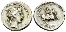 P. Crepusius AR Denarius, 82 BC 

P. Crepusius. AR Denarius (18 mm, 3.84 g), Rome, 82 BC.
Obv. Laureate head of Apollo to right, sceptre on far sho...