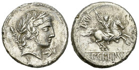 P. Crepusius AR Denarius, 82 BC 

P. Crepusius. AR Denarius (18 mm, 4.05 g), Rome, 82 BC.
Obv. Laureate head of Apollo to right, sceptre on far sho...