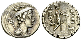 C. Mamilius Limetanus AR Denarius, 82 BC 

C. Mamilius Limetanus. AR Denarius serratus (18-19 mm, 3.98 g), Rome, 82 BC.
Obv. Draped bust of Mercury...