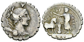 A. Postumius Albinus AR Denarius, 81 BC 

A. Postumius Albinus. AR Denarius serratus (19-20 mm, 3.70 g), Rome, 81 BC.
Obv. Draped bust of Diana to ...