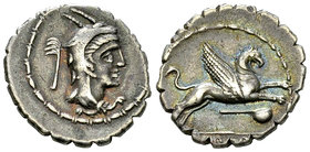 L. Papius AR Denarius, 79 BC 

L. Papius. AR Denarius serratus (19-20 mm, 3.95 ), Rome, 79 BC.
Obv. Head of Juno Sospita to right; behind, symbol....