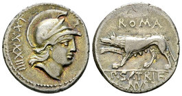 P. Satrienus AR Denarius, 77 BC 

P. Satrienus. AR Denarius (18-19 mm, 3.87 g), Rome, 77 BC.
Obv. Helmeted head of Roma to right; behind, TXXXXIIII...