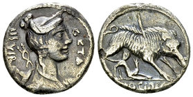 C. Hosidius C. f. Geta AR Denarius, 68 BC 

C. Hosidius C. f. Geta. AR Denarius (16 mm, 3.83 g), Rome, 68 BC.
Obv. GETA III·VIR , Diademed and drap...