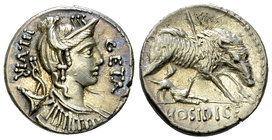 C. Hosidius C. f. Geta AR Denarius, 68 BC 

C. Hosidius C. f. Geta. AR Denarius (17 mm, 3.78 g), Rome, 68 BC.
Obv. GETA III·VIR , Diademed and drap...