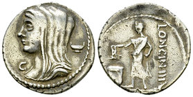 L. Cassius Longinus AR Denarius, 63 BC 

L. Cassius Longinus. AR Denarius (20 mm, 3.89 g), Rome, 63 BC.
Obv. Diademed and veiled head of Vesta to l...