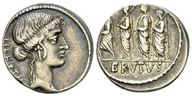 M. Iunius Brutus AR Denarius, 54 BC 

M. Iunius Brutus. AR Denarius (18-19 mm, 3.93 g), Rome, 54 BC.
Obv. Head of Libertas to right, behind, LIBERT...