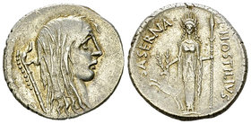 L. Hostilius Saserna AR Denarius, 48 BC 

L. Hostilius Saserna. AR Denarius (18-19 mm, 4.00 g), Rome, 48 BC.
Obv. Female head to right with long ha...
